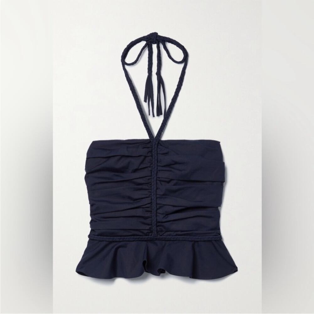 Veronica Beard Navy Halter Peplum Ruched Top